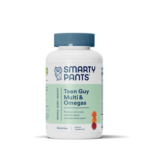 SmartyPants Teen Guy Formula, Daily Multivitamin Gummies: Vitamins C, B12, K, Zinc, & Biotin for Immune Support, Energy, Skin & Hair Support, Assorted Fruit Flavor, 120 Gummies (30 Day Supply)