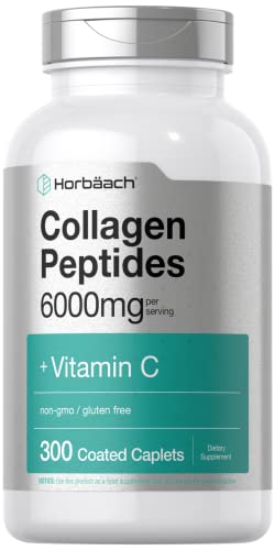 Collagen Peptides 6000mg | 300 Caplet Pills | with Vitamin C | Hydrolyzed Collagen Supplement | Non-GMO, Gluten Free | by Horbaach