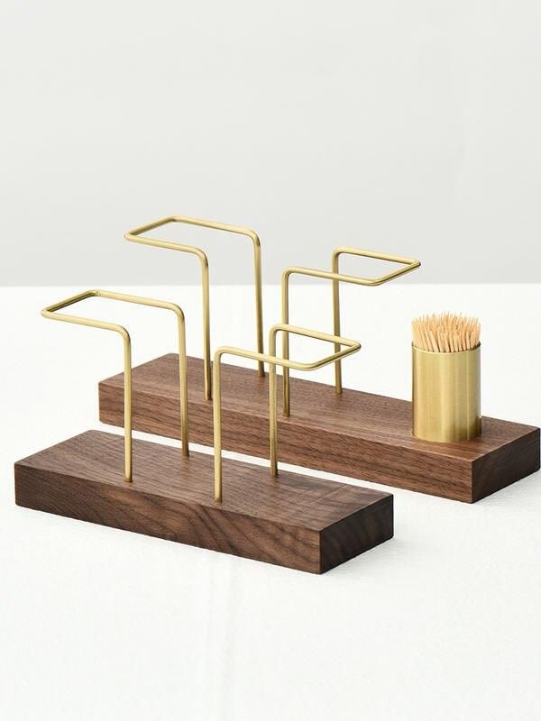 Elegant Wood and Brass Desktop Organizer with Multi-Functional Tissue and Toothpick Holder