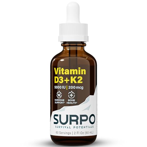 SURPO Vitamin D3 + K2 Liquid Drops with Omega 3 Oil - 5000 IU Vitamin D Drops K2 for Hormone Support & Bone Health - Liquid Vitamin D3 with K2 Drops for Maximum Absorption - 2Fl Oz Vitamin K2 D3