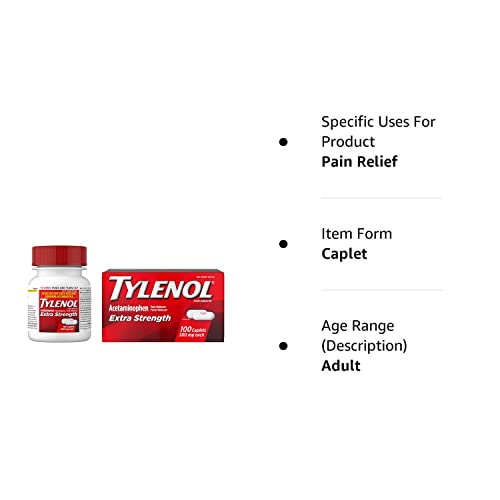 Tylenol Extra Strength Pain Reliever and Fever Reducer Caplets, 500 mg Acetaminophen Pain Relief Pills for Headache, Backache, Toothache & Minor Arthritis Pain Relief; 100 ct.; Pack of 1