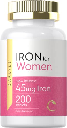 Iron Supplement for Women | 45mg | 200 Slow Release Tablets | Vegetarian, Non-GMO, & Gluten Free | by Carlyle