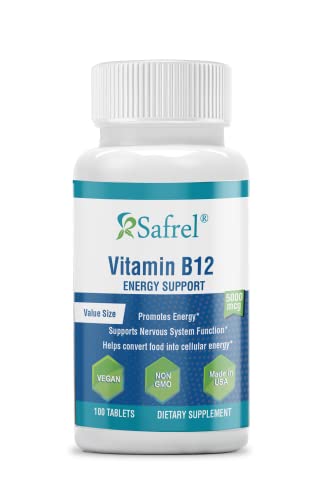 Safrel Maximum Strength Vitamin B12 5000 mcg, Dietary Supplement for Energy, Metabolism and Nervous System Health Support, Vegan, Gluten Free and Dye Free | Made in USA | 200 Days Supply