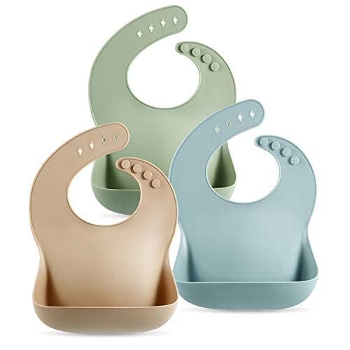 PandaEar Set of 3 Cute Silicone Baby Bibs for Babies & Toddlers (10-72 Months) Waterproof, Soft, Unisex, Non Messy (Brown/Blue/Green)