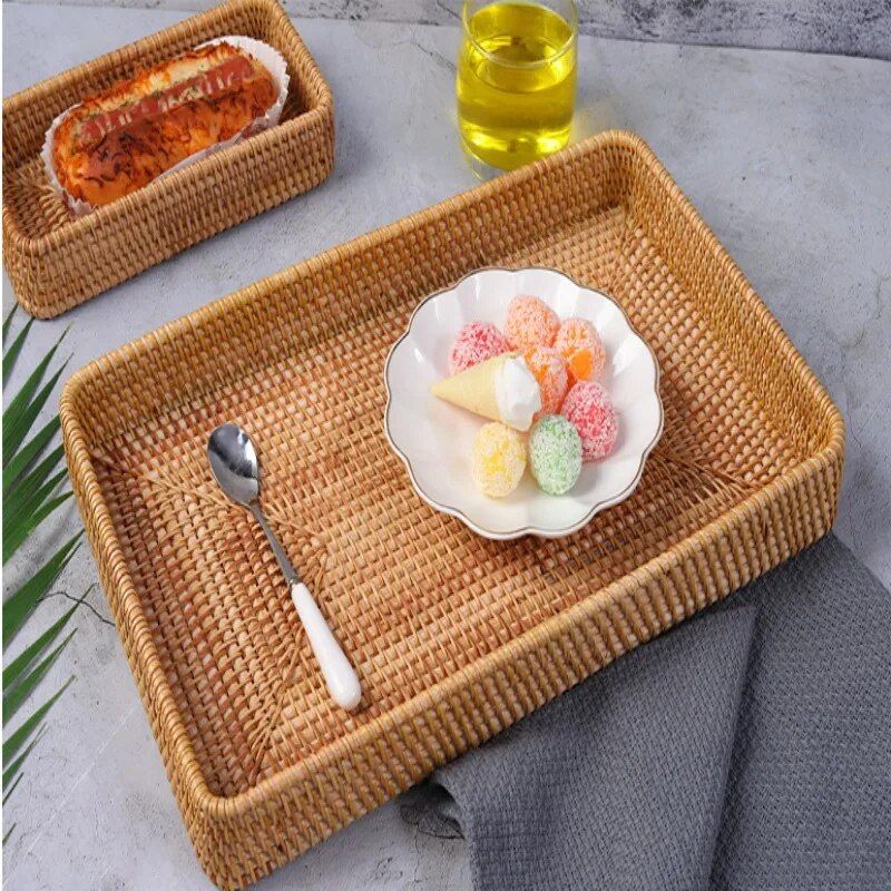 Handmade Woven Wicker Storage Trays - Square Bread Fruit Food Organizing Baskets