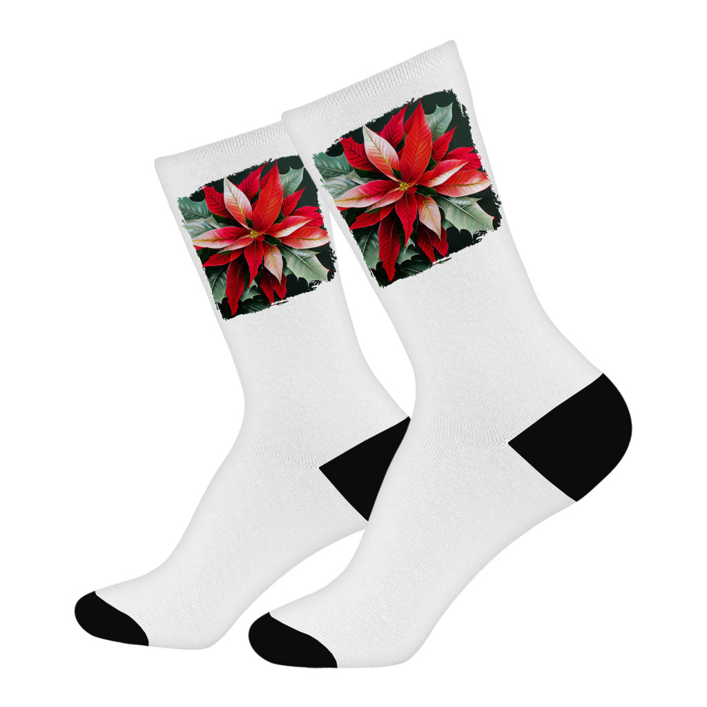 Plant Print Socks - Poinsettia Novelty Socks - Plant Crew Socks