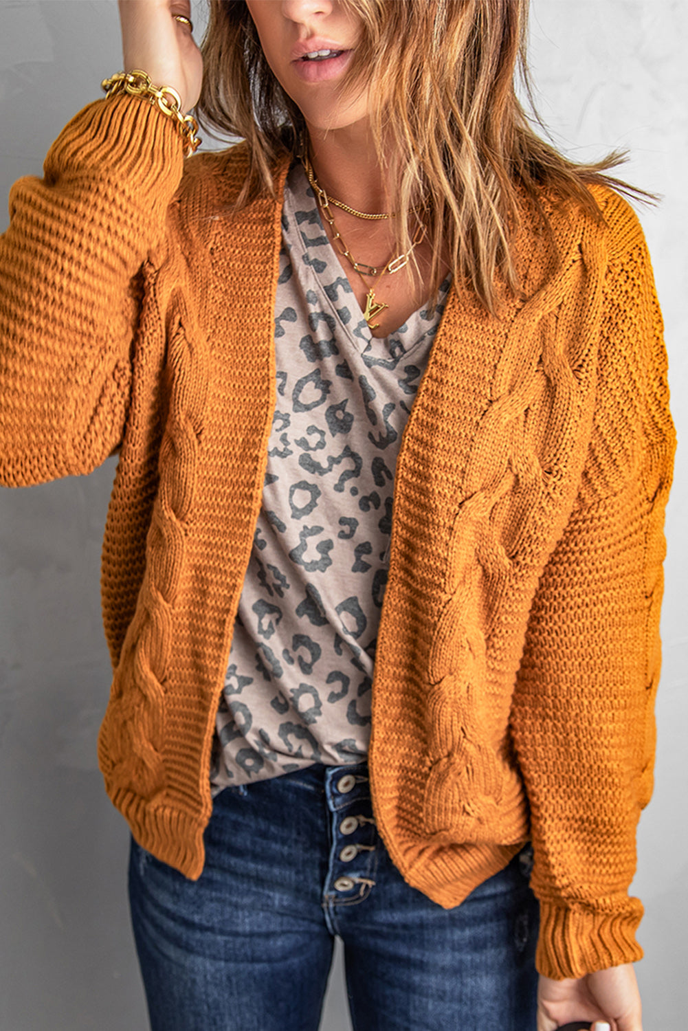 Dropped Shoulder Cable-Knit Open Front Cardigan