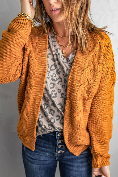 Dropped Shoulder Cable-Knit Open Front Cardigan