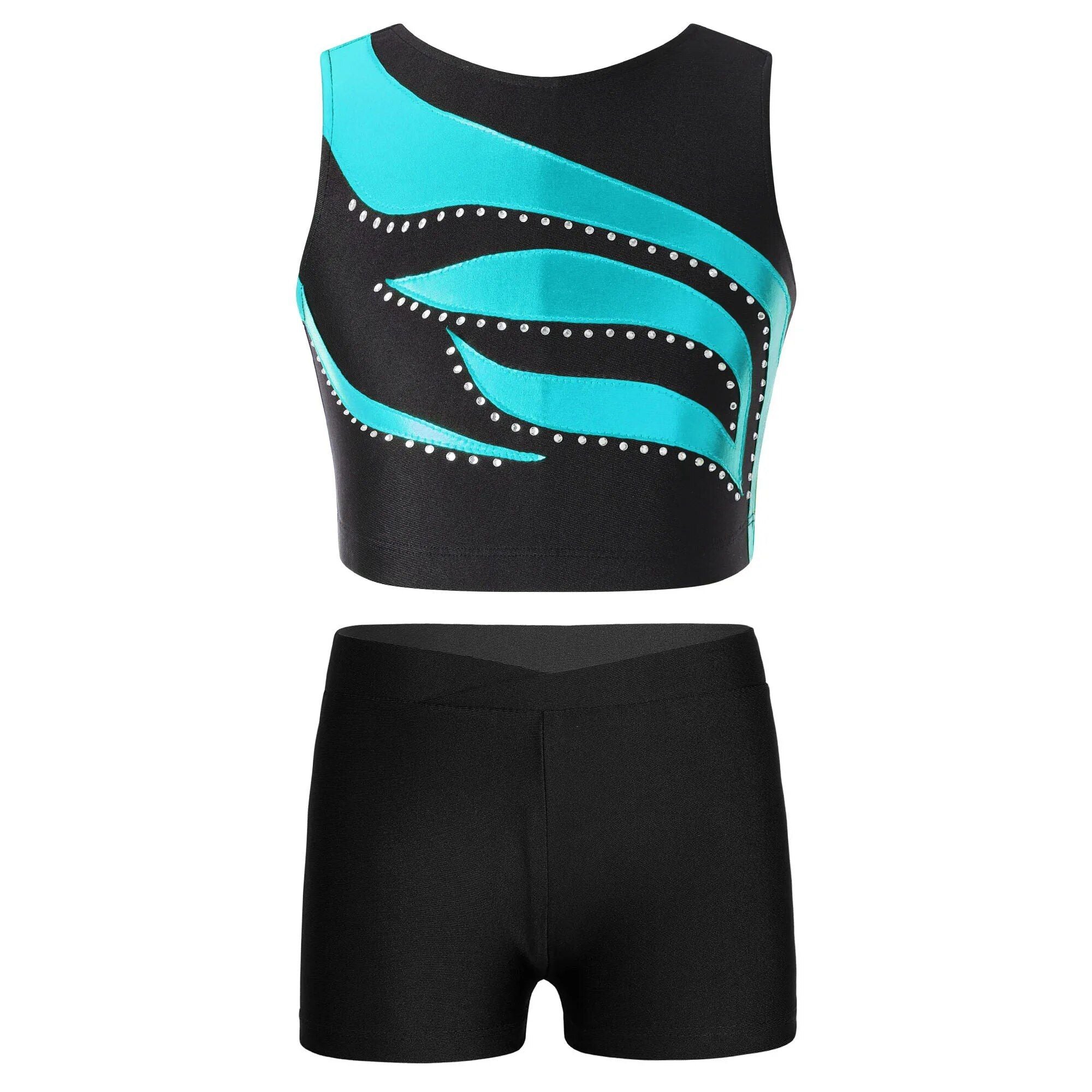 Girls Dance & Gymnastics Outfit - Sleeveless Shiny Rhinestone Crop Top with Shorts