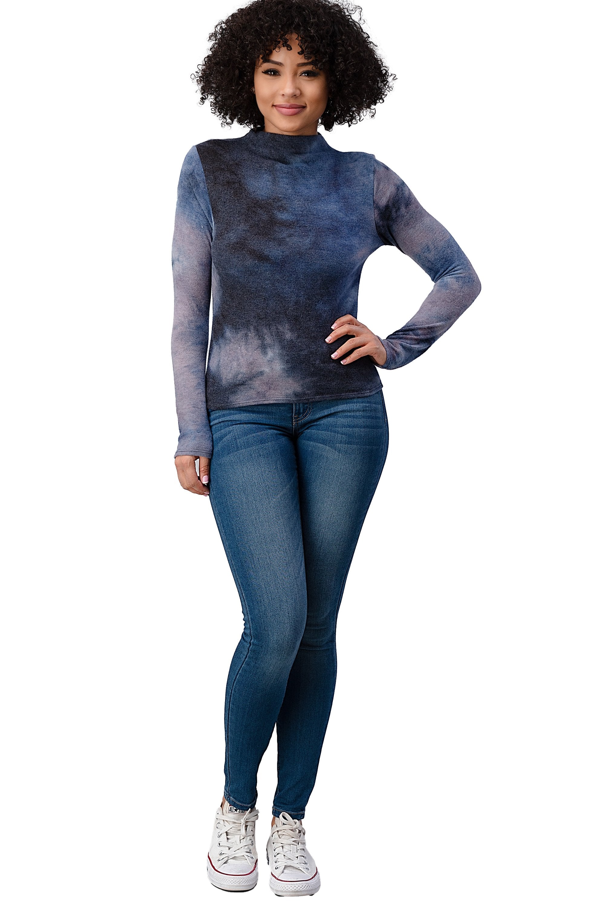 Brushed Knit Tie Dye Printed Mock Neck Long Sleeve Top