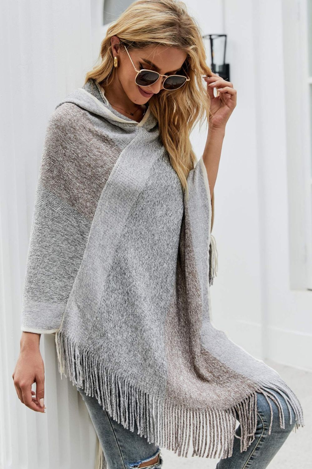 Color Block Fringe Hem Hooded Poncho