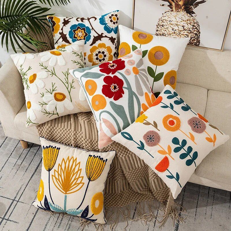 Embroidered Floral Canvas Cushion Cover