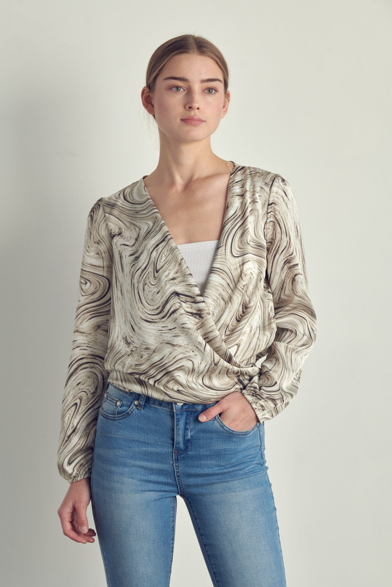 Draped front swirl print blouse