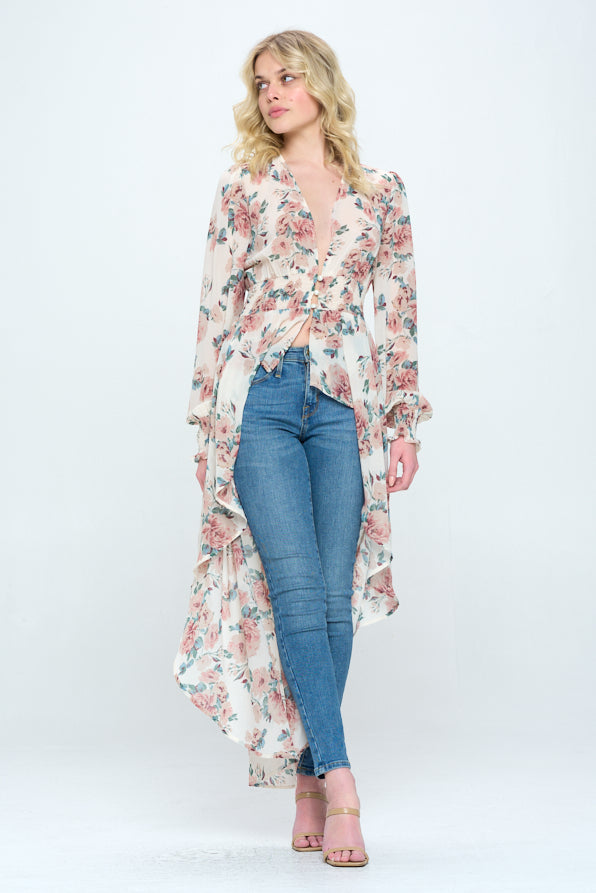 Chiffon floral long sleeve hi low Duster kimono