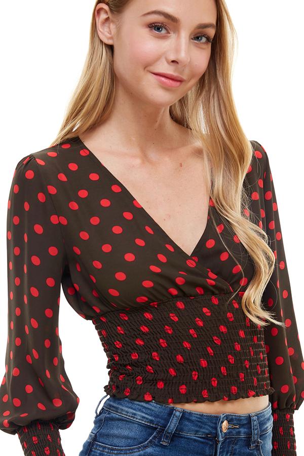 Polk A Dot Surplice Smock Waist & Smock Sleeve Detailed Blouse