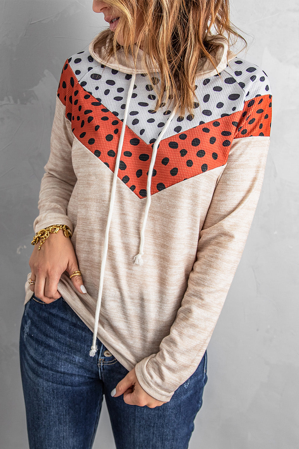 Dotted Color Block Chevron Drawstring Detail Hoodie