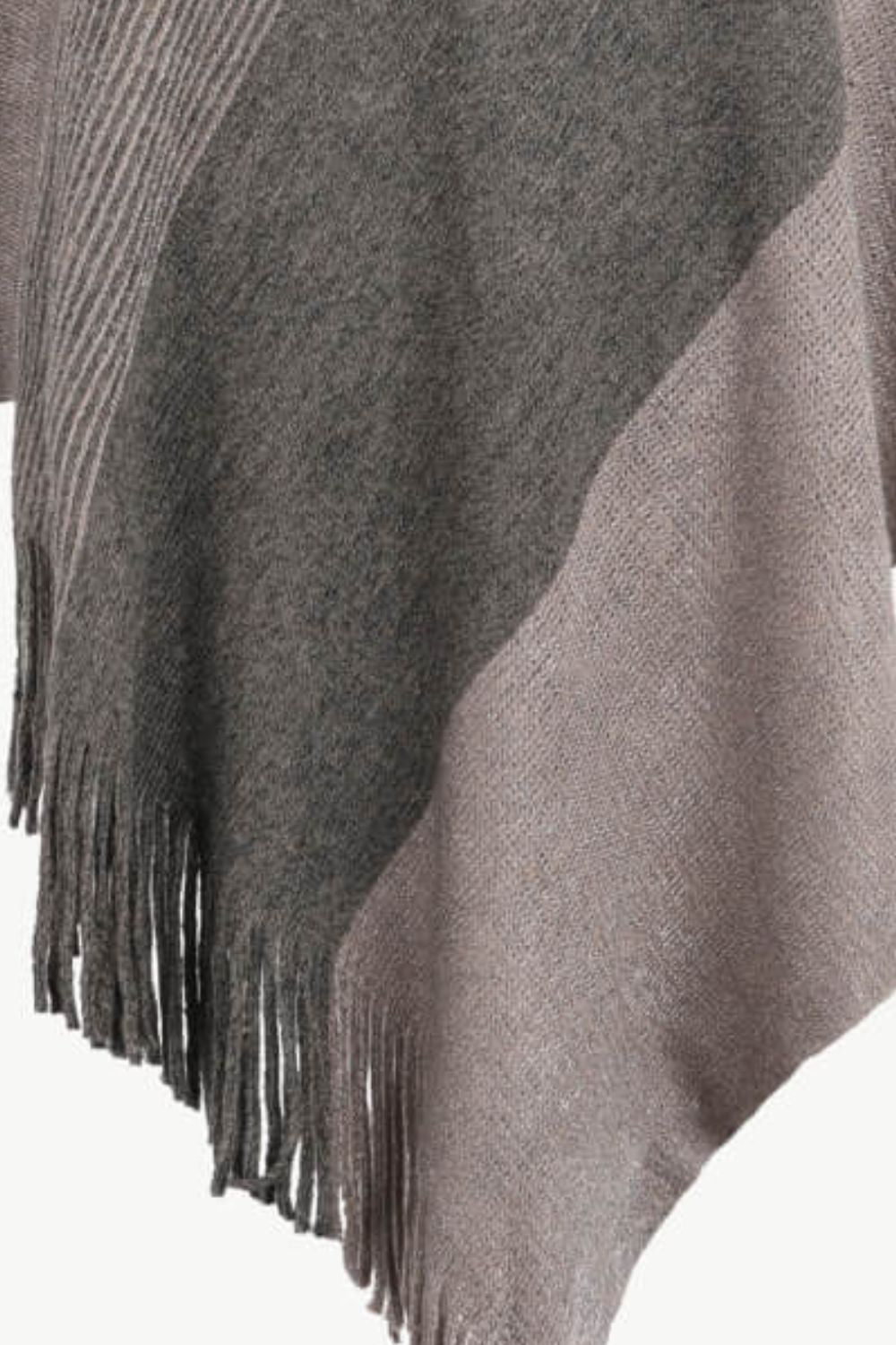 Color Block Fringe Hem V-Neck Poncho