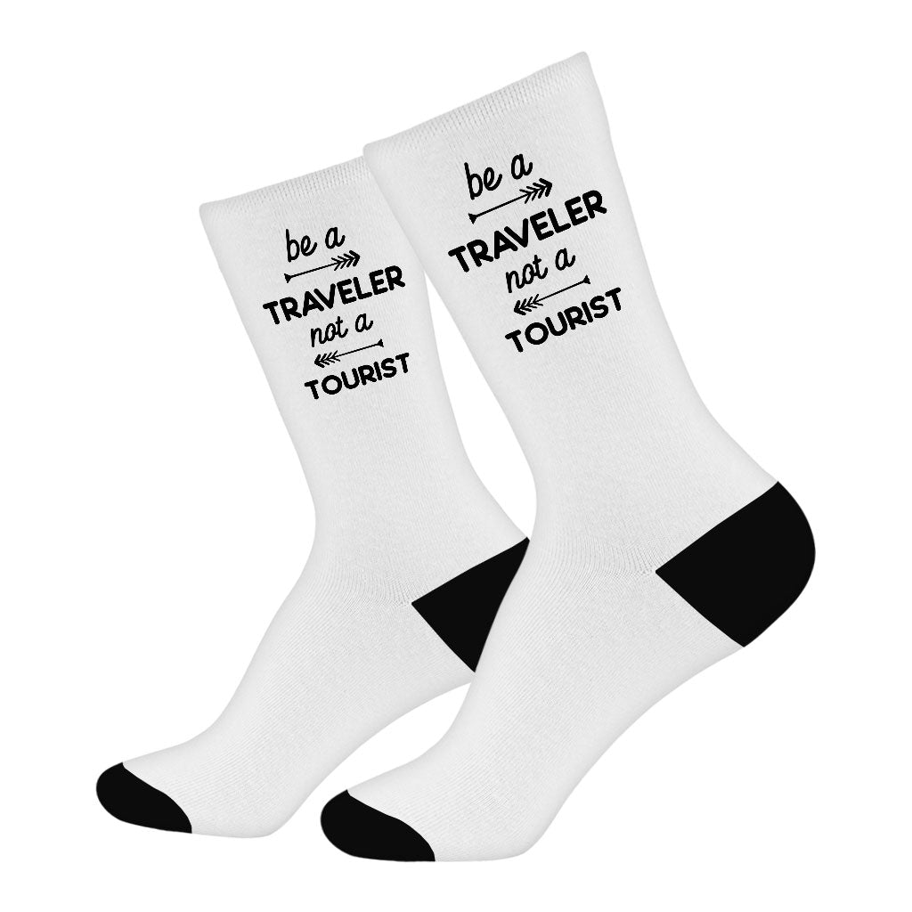 Be a Traveler Not a Tourist Socks - Cool Design Novelty Socks - Unique Crew Socks