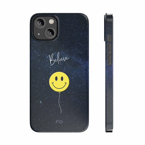 Smiley Face in Space Believe Slim Case for iPhone 14 Series