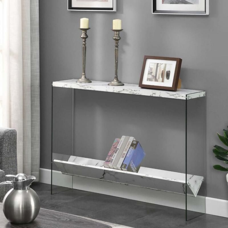 Elegant White Faux Marble & Glass Console Table with Shelf