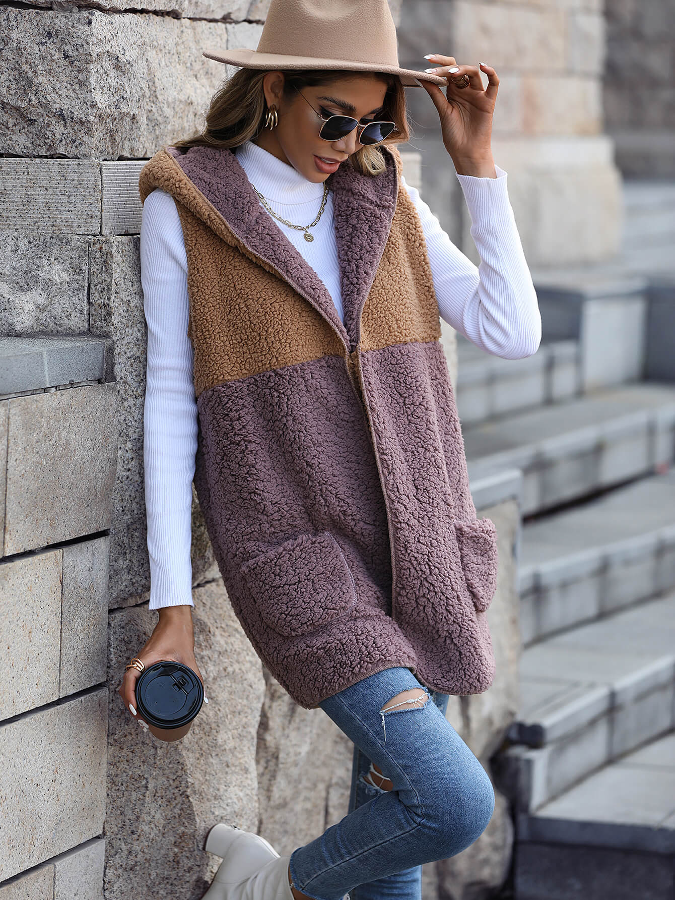 Contrast Open Front Hooded Sherpa Vest