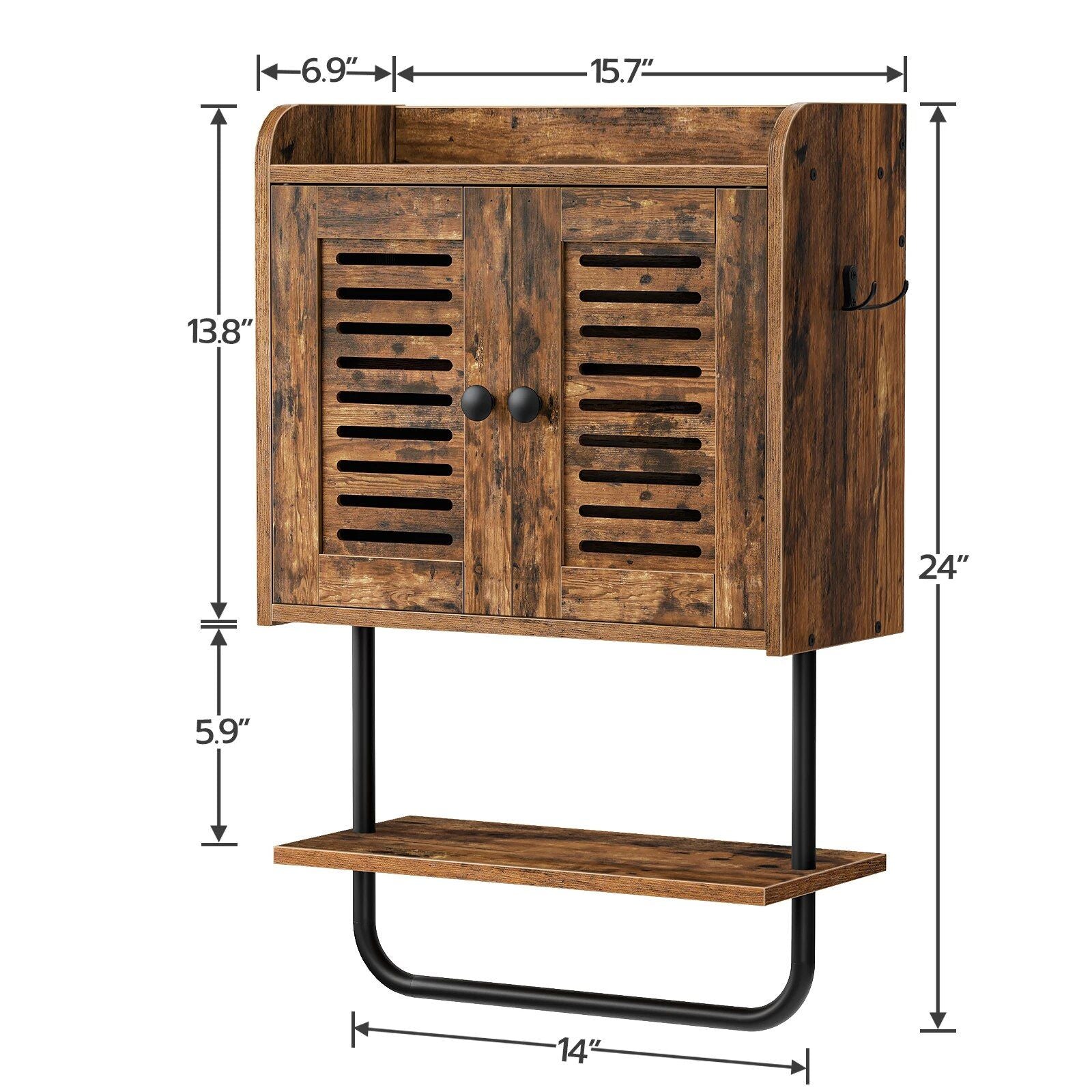 Rustic Brown Double Door Wall-Mounted Bathroom Cabinet with Towel Bar and Adjustable Shelf