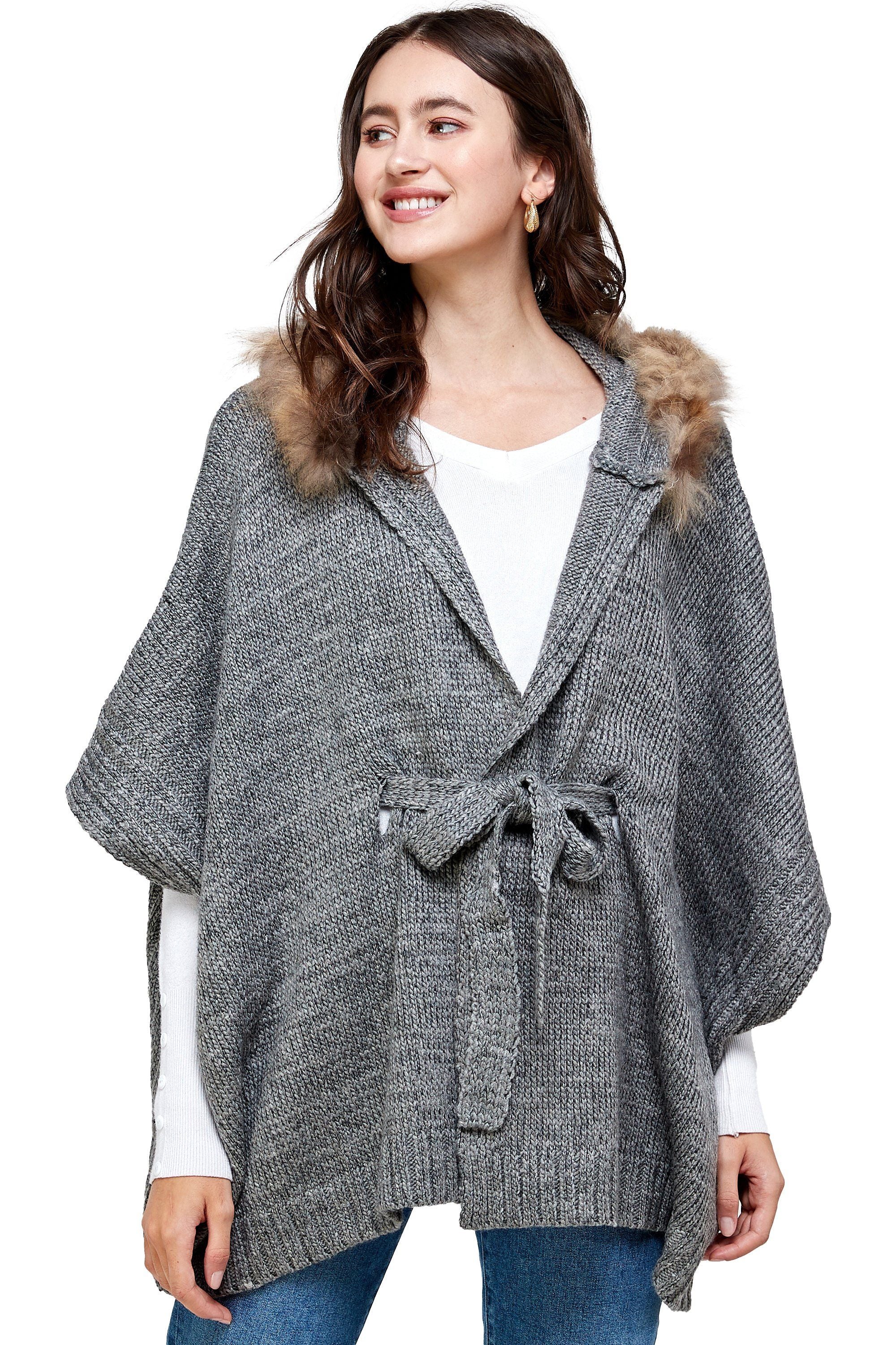 Hoodie Poncho Sweater Cardigan Fur Trim Top