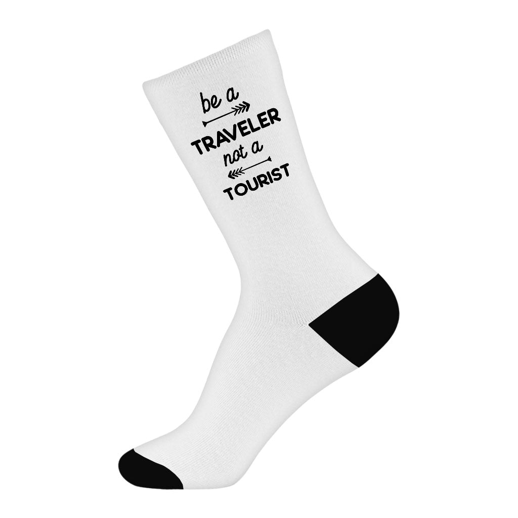 Be a Traveler Not a Tourist Socks - Cool Design Novelty Socks - Unique Crew Socks