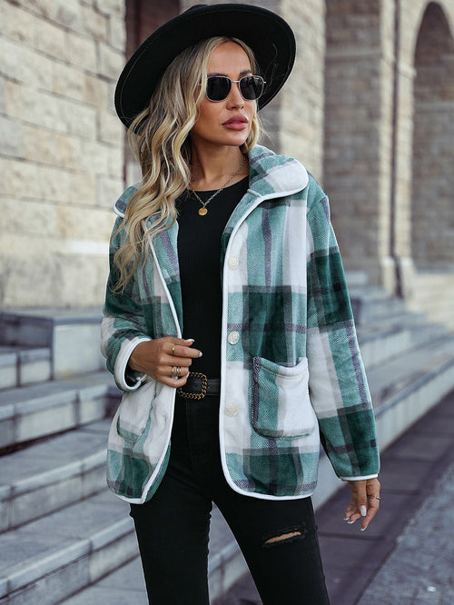 Plaid Collared Neck Brushed Jacket