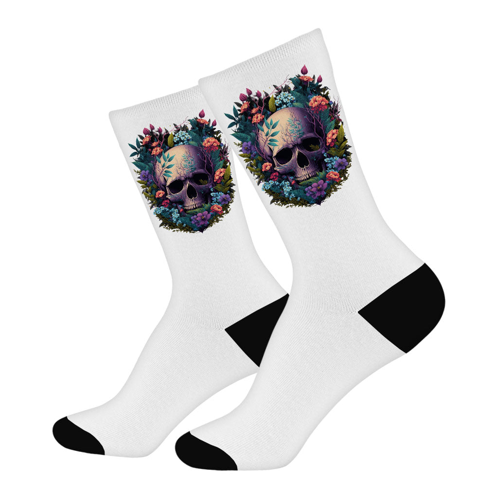 Floral Skull Socks - Gothic Novelty Socks - Cool Crew Socks