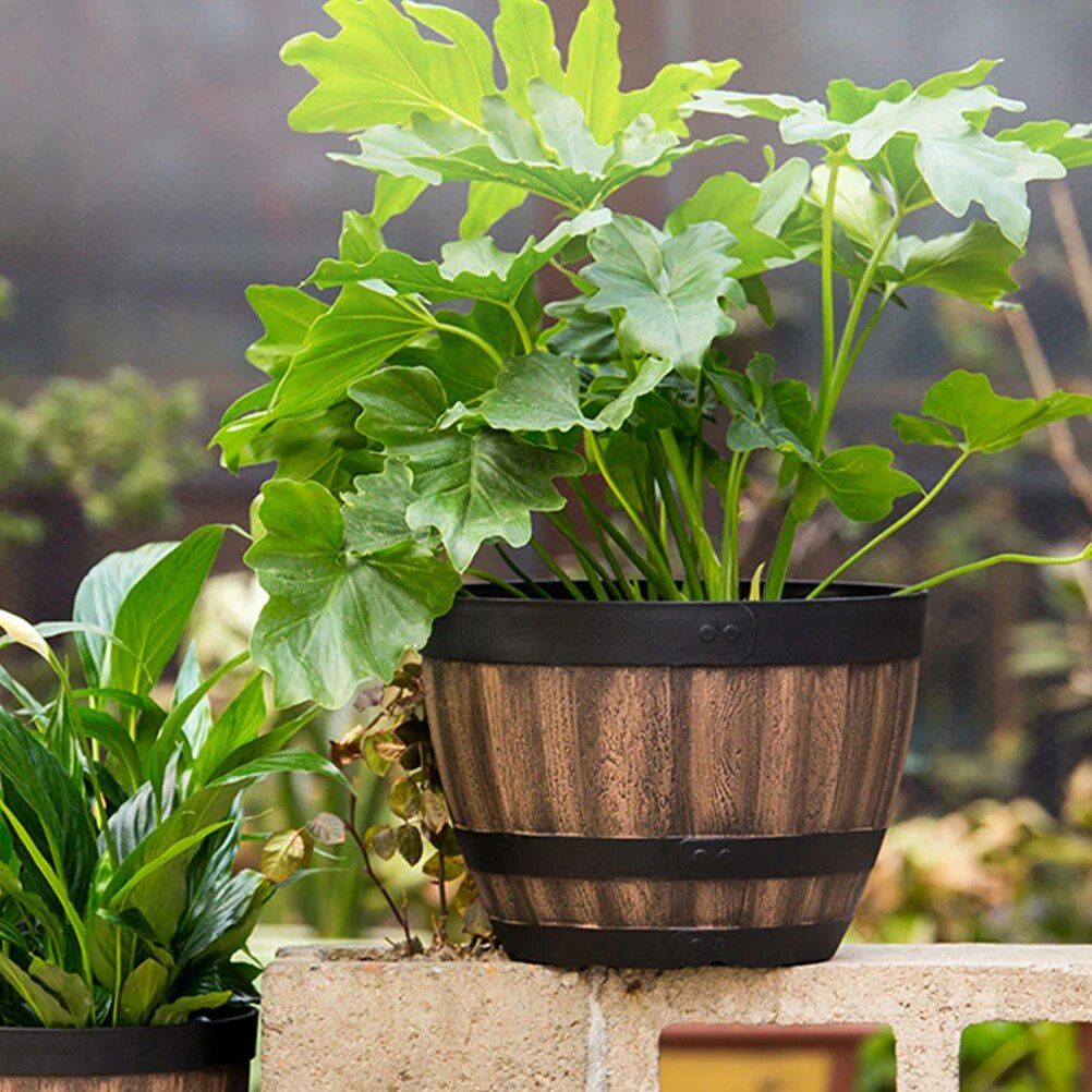 Rustic Faux Wooden Barrel Planter - Durable Plastic Bonsai & Succulent Pot, Retro Outdoor Imitation Planting Box