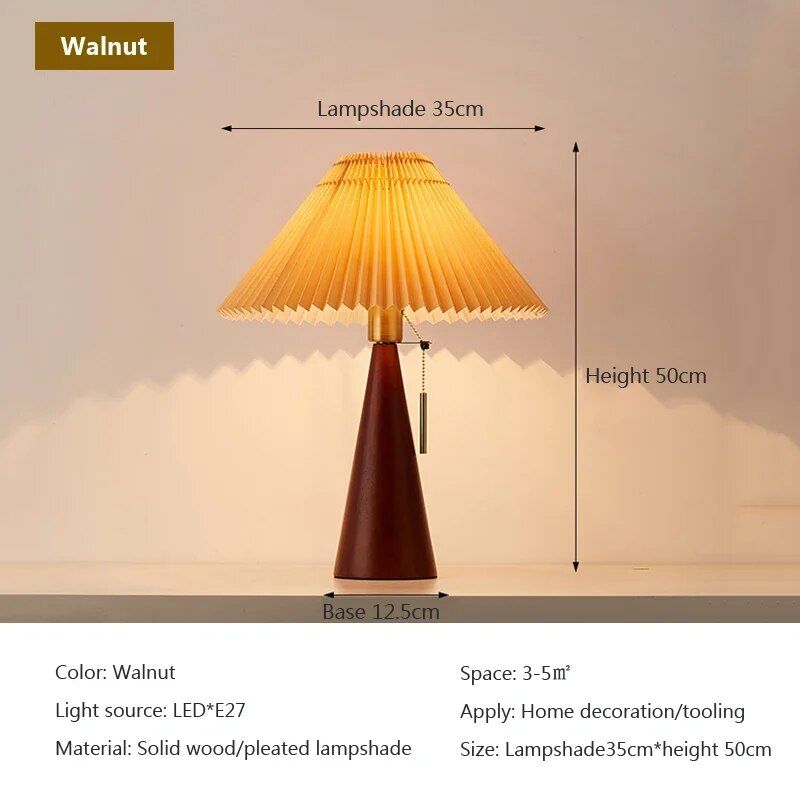 Modern Nordic Pleated Table Lamp - Solid Wood Desk Light with Fabric Shade