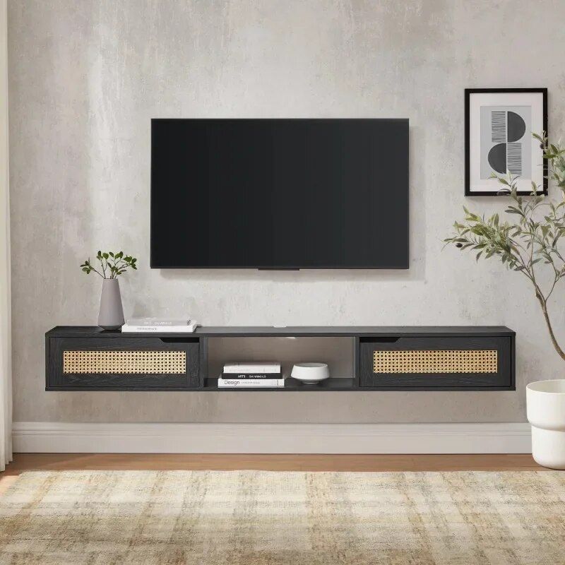 Chic Black Rattan-Door Floating TV Stand for Up to 80-inch TVs