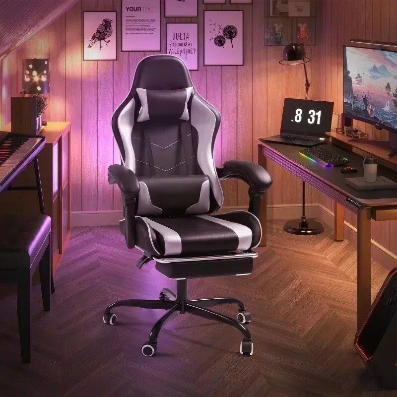 Ultimate Comfort PU Leather Gaming Chair with Massage Lumbar Support and Extendable Footrest