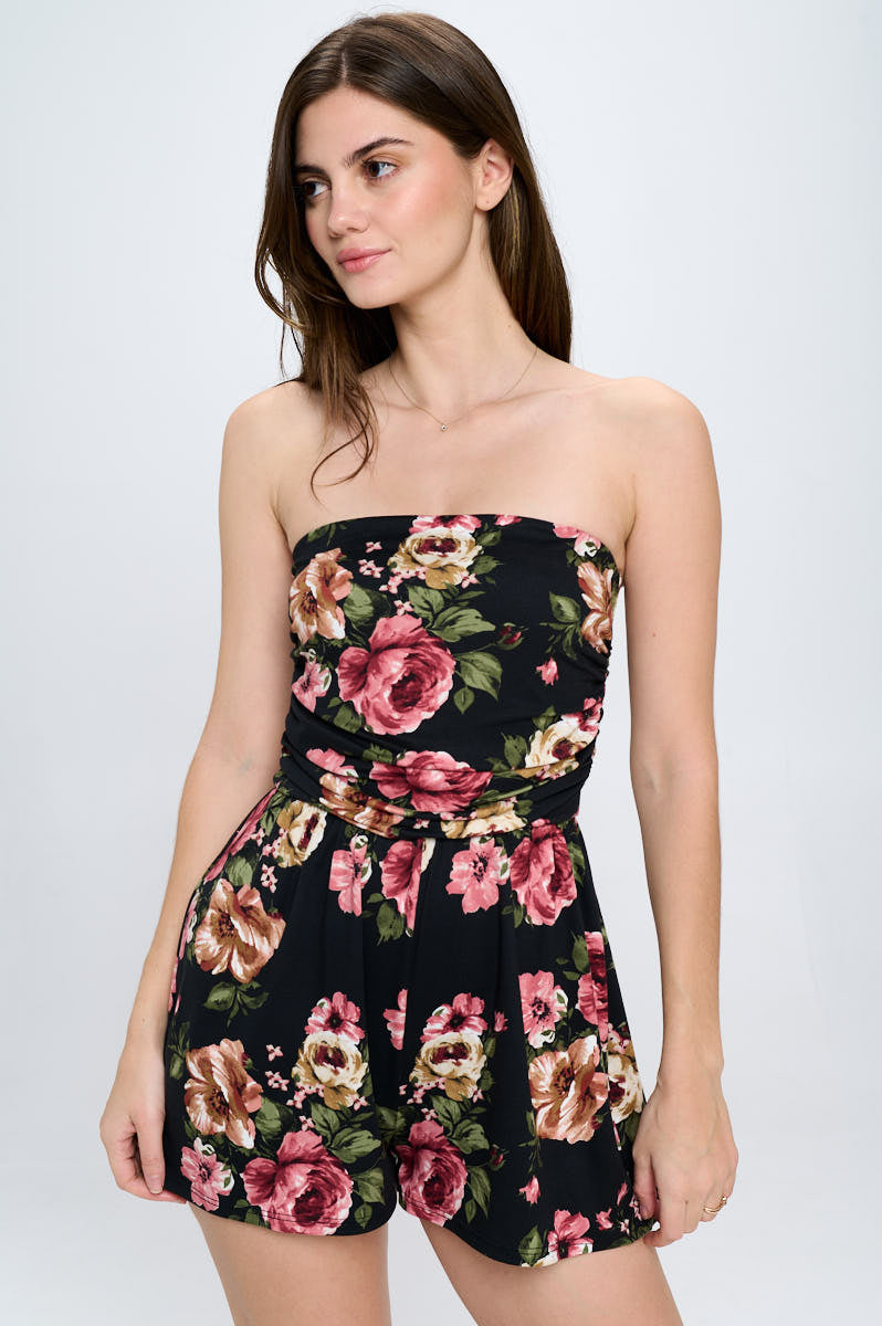 Strapless romper with DTY floral