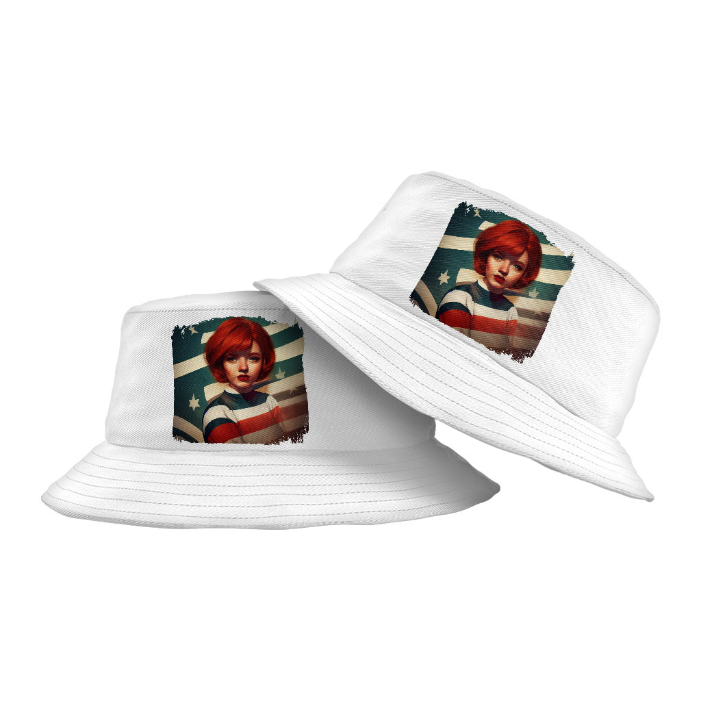 Girl With Red Hair American Flag Bucket Hat - Print Hat - Flag Bucket Hat