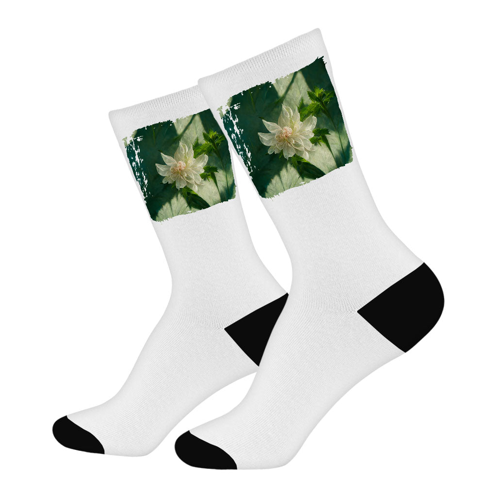 White Dahlia Flower Socks - Art Novelty Socks - Printed Crew Socks