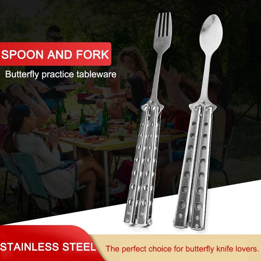 Stainless Steel Balisong Tableware: Folding Spoon & Fork Trainer