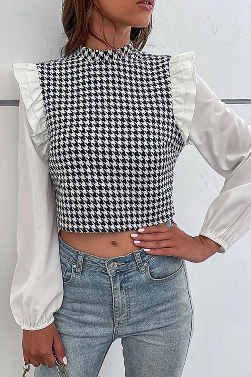 Houndstooth Ruffle Shoulder Mock Neck Crop Top