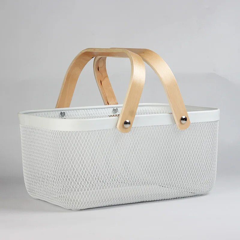 Multi-Purpose Iron Mesh Storage Basket with Wooden Handle