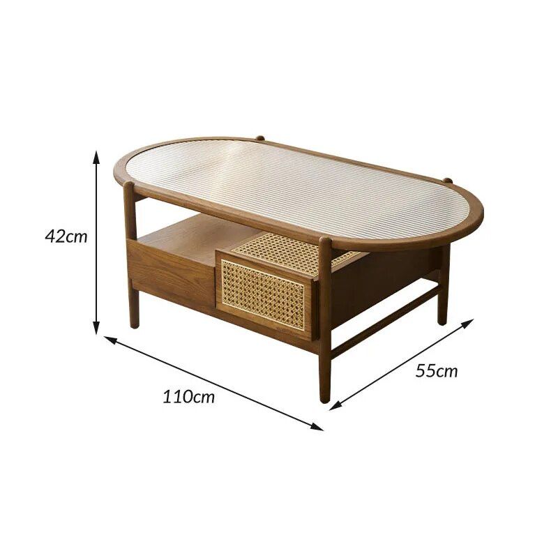 Modern Oval Ash Wood Tea Table with Rattan Weave and Storage