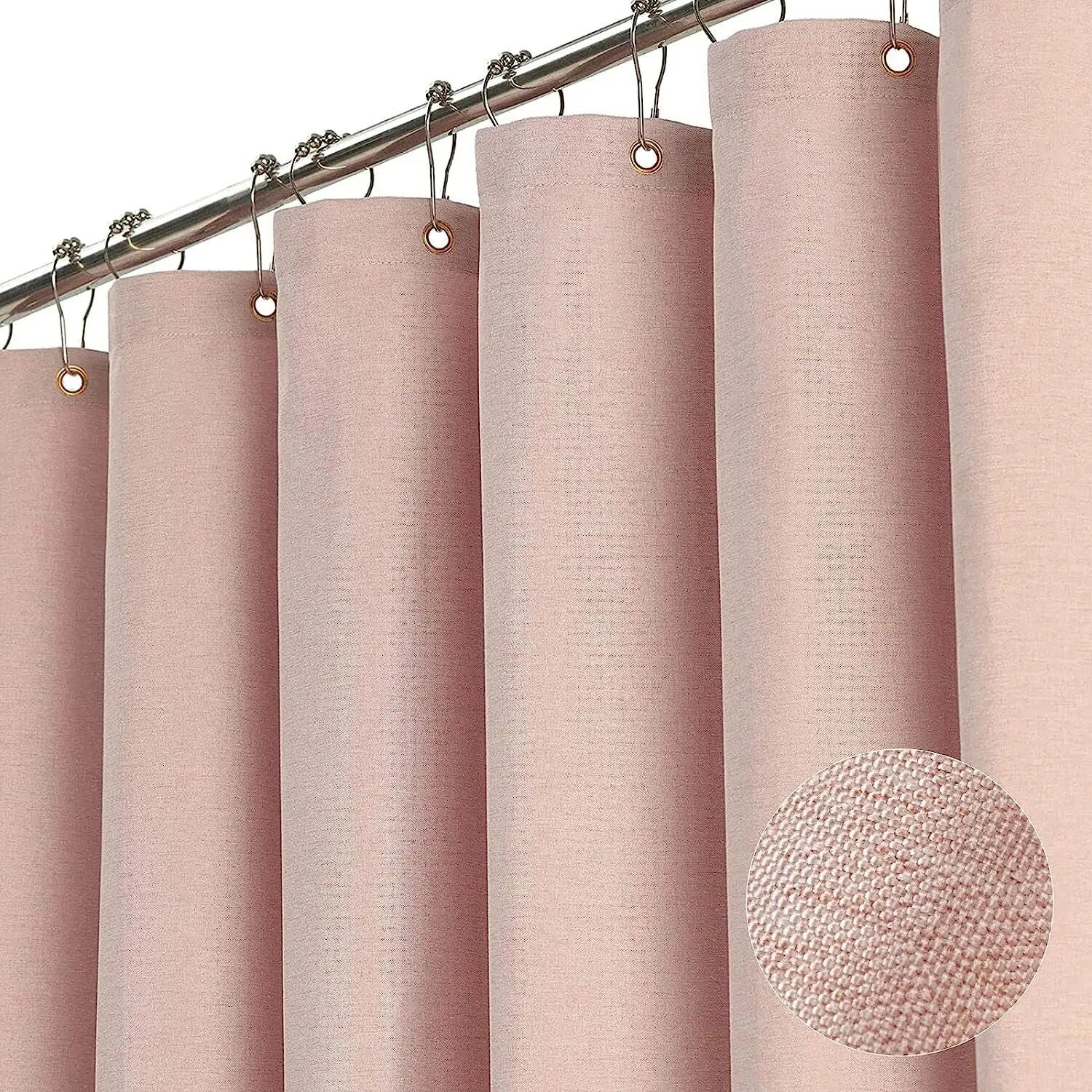 Luxury Waterproof Linen-Texture Shower Curtain with Silver Hooks