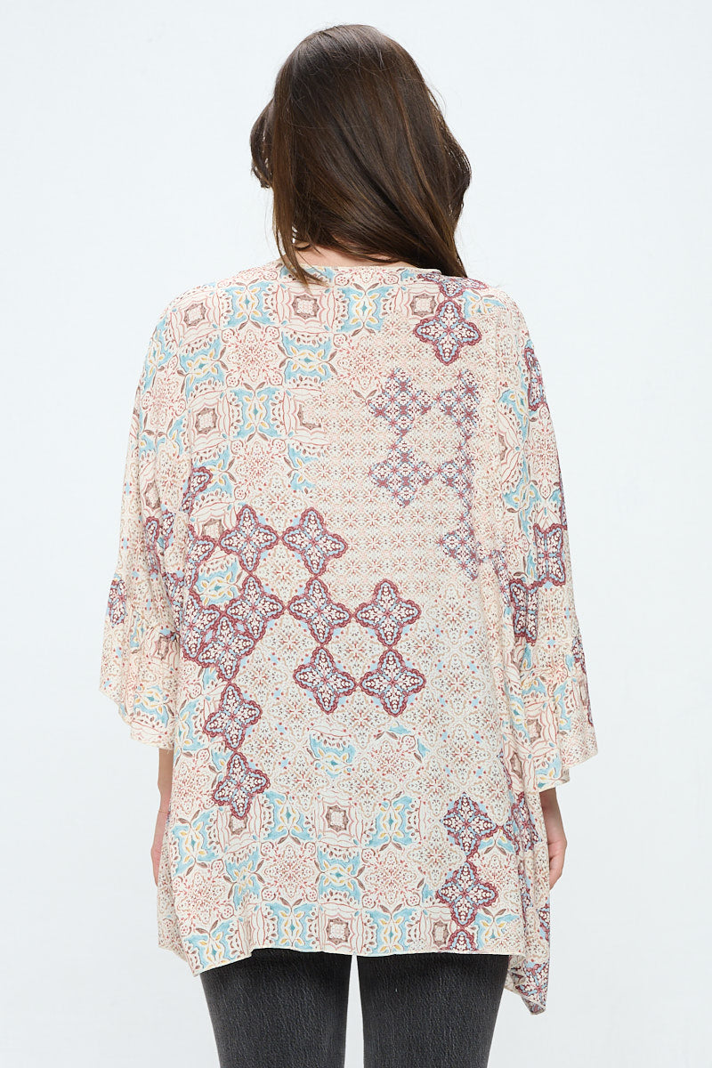 Ruffle sleeves loose fit kimono in ethnic print