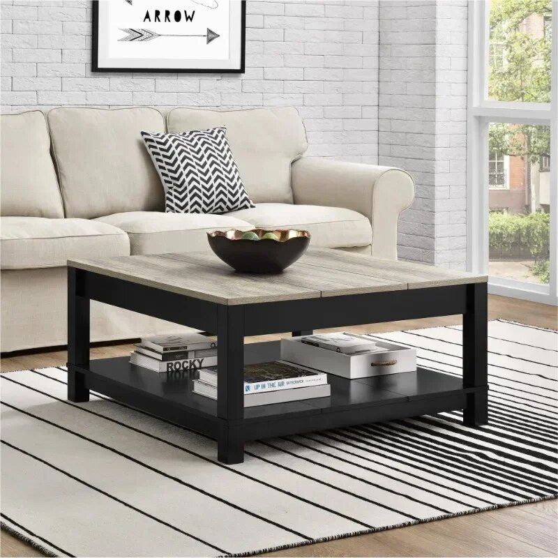 Elegant Matte Black Coffee Table with Woodgrain Top