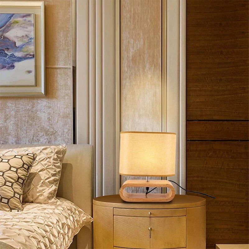 Contemporary Solid Wood & Fabric Table Lamp - LED Desk Lighting for Home & Office