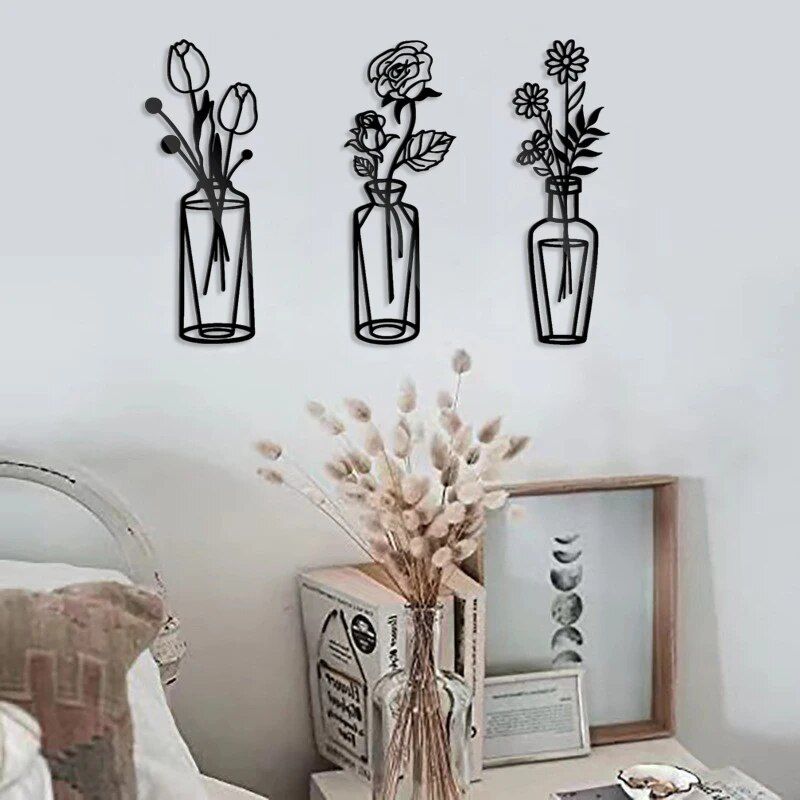 Elegant Black Iron Flower Wall Art - Minimalist Metal Vase Decor for Home & Office