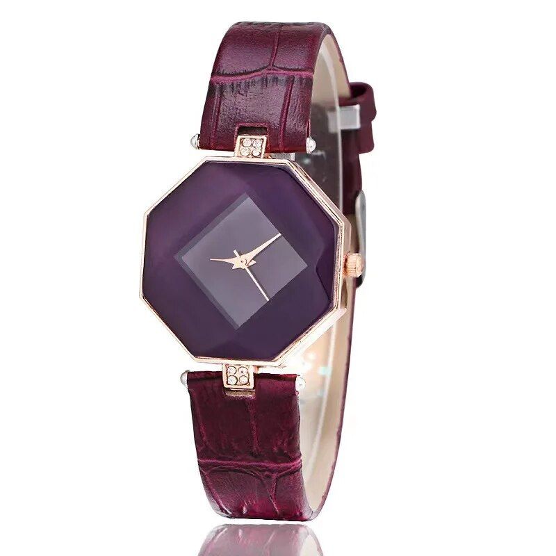 Elegant Gem Cut Geometry Crystal Leather Quartz Women's Watch