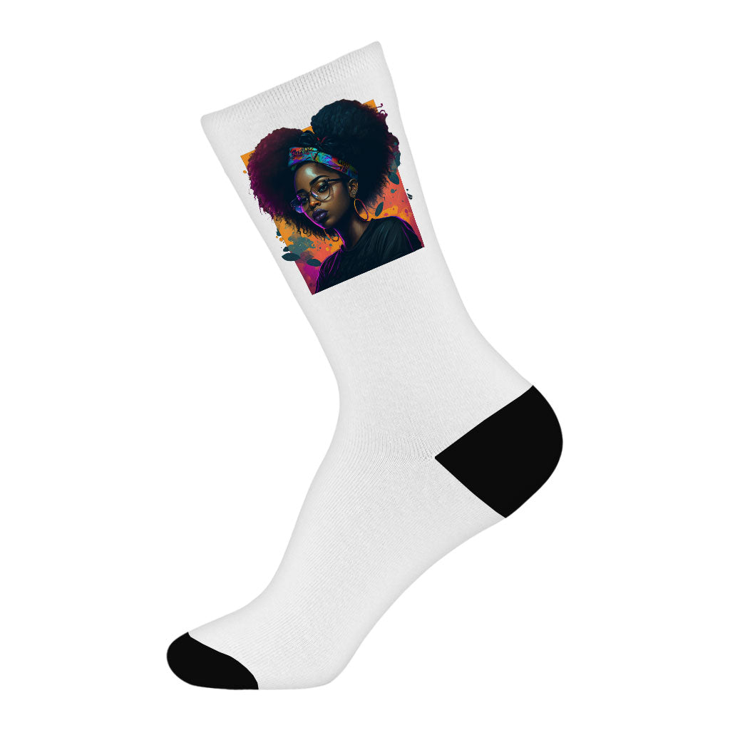 Cartoon Black Girl Art Socks - Unique Novelty Socks - Cute Crew Socks