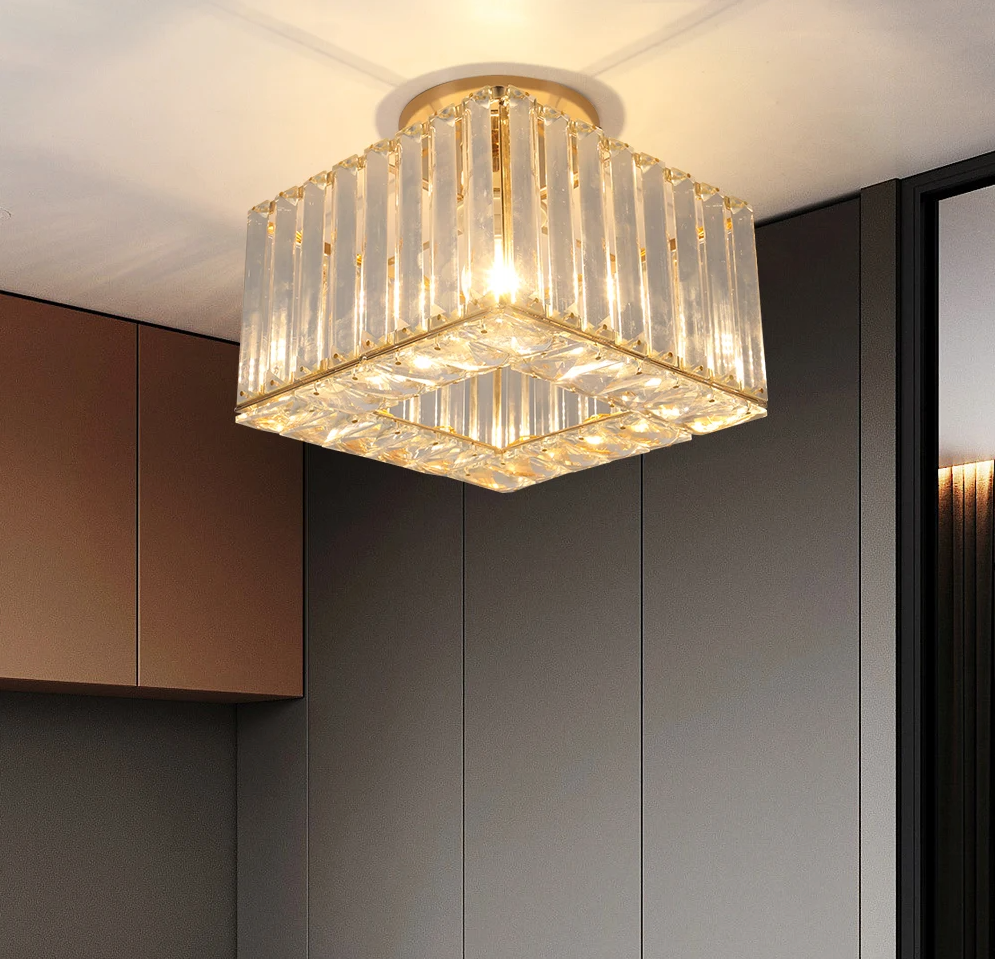 Elegant Gold and Black Crystal LED Ceiling Light – Modern Flush Mount Chandelier for Home Décor