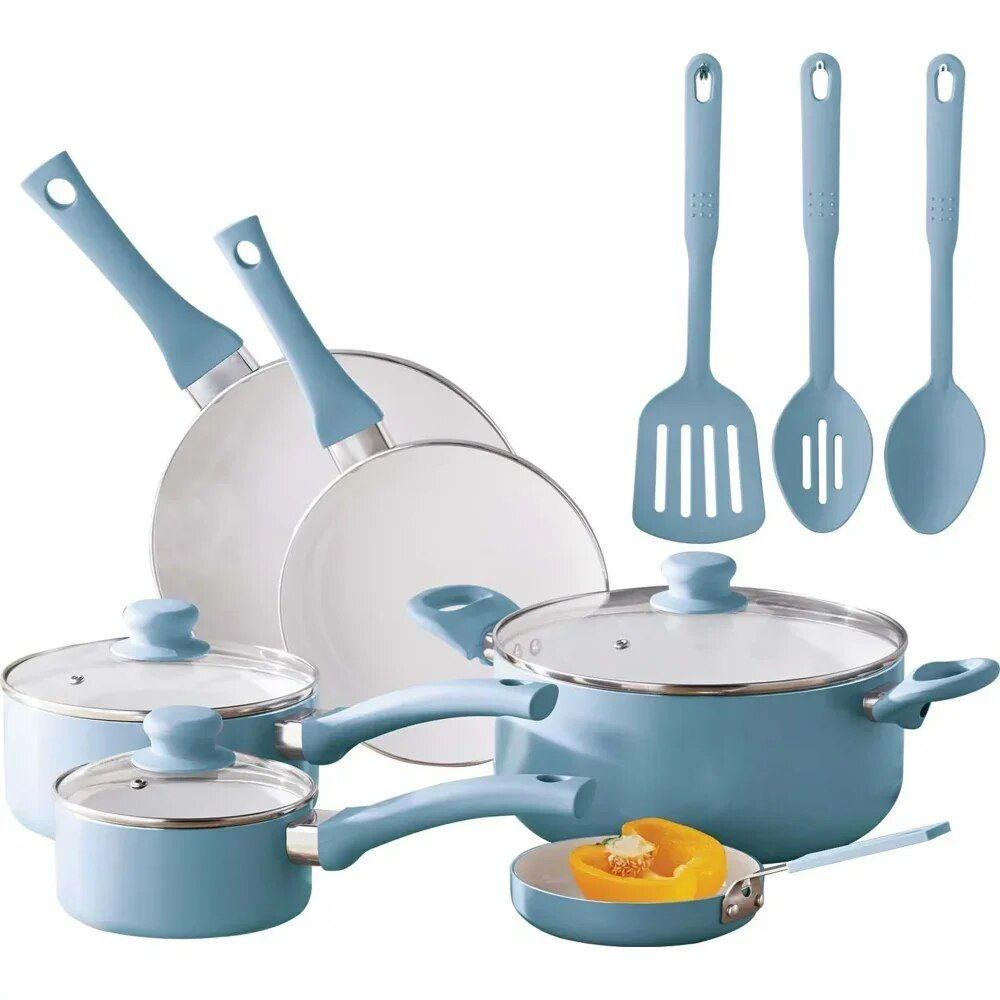 Deluxe Aqua 12-Piece Ceramic Nonstick Cookware Set - Eco-Friendly, Hand Wash Only